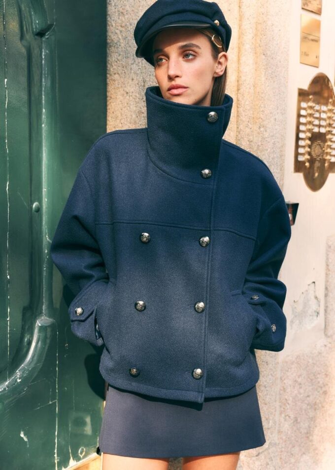 Veste croisée à col montant en tissu de toucher doux Veste croisée à col montant en tissu de toucher doux