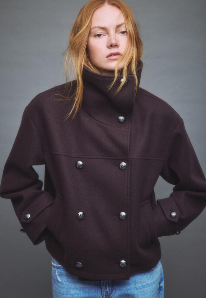 Veste croisée à col montant en tissu de toucher doux Veste croisée à col montant en tissu de toucher doux