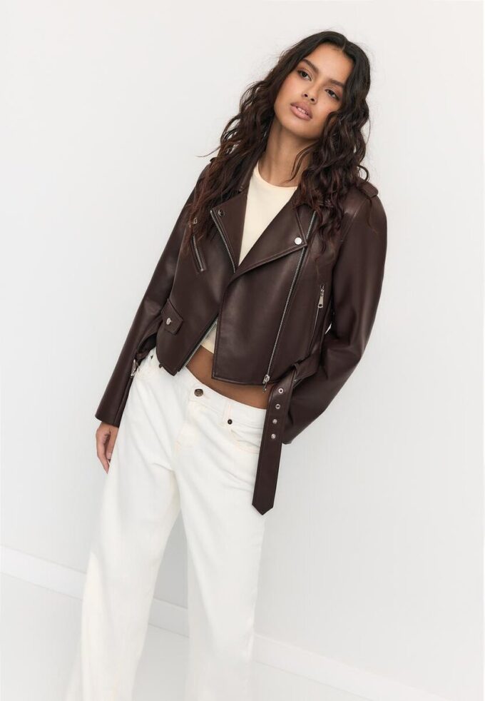 Veste de motard en simili cuir avec ceinture