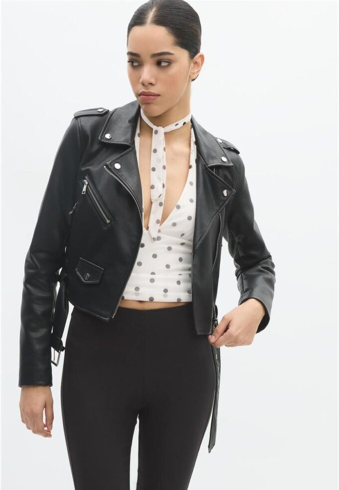 Veste de motard en simili cuir avec ceinture