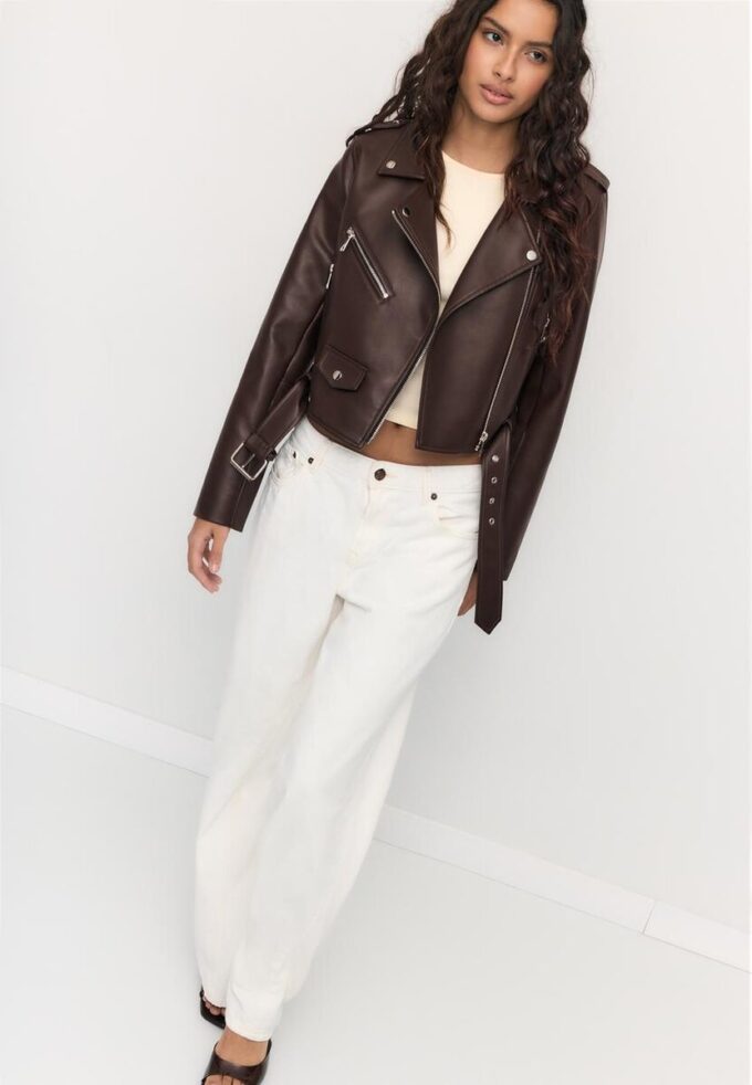 Veste de motard en simili cuir avec ceinture