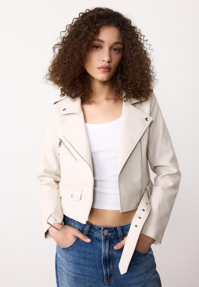 Veste de motard en simili cuir avec ceinture