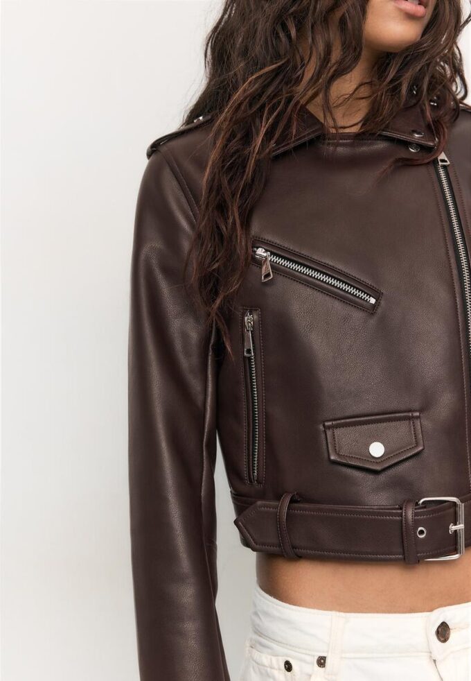 Veste de motard en simili cuir avec ceinture