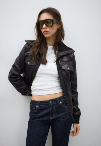 Veste en cuir combinée à côtes