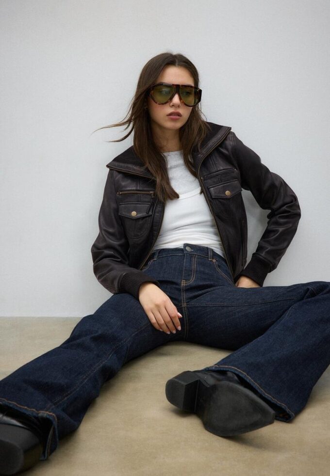 Veste en cuir combinée à côtes