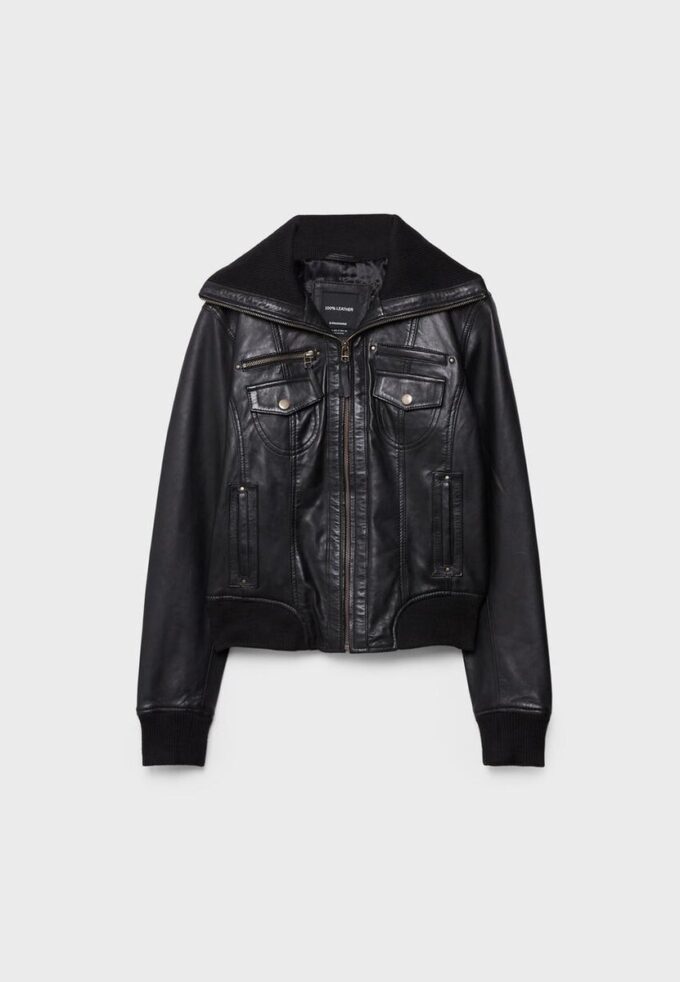 Veste en cuir combinée à côtes