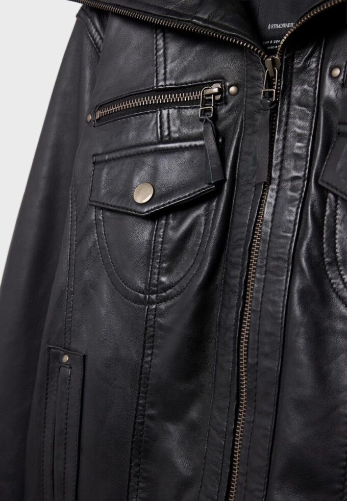 Veste en cuir combinée à côtes